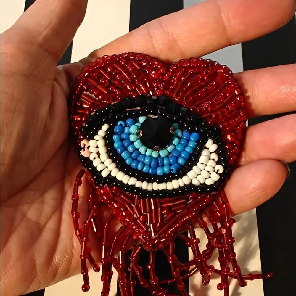 Murka Designer's Hand Beaded Elegant Red Heart Blue Evil Eye Brooch Medium Size